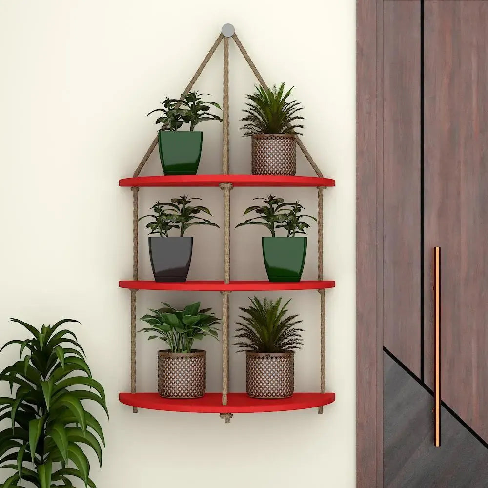 Wooden Wall Hanging Planter Shelf with Rope Three Layers(Red) Main image