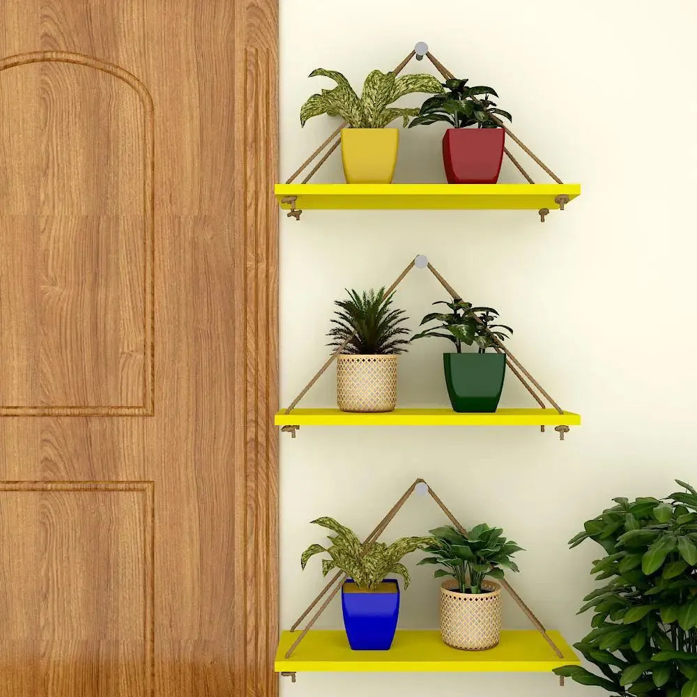 Wooden Wall Hanging Planter Shelf with Rope (Yellow, Set of 3) Main image