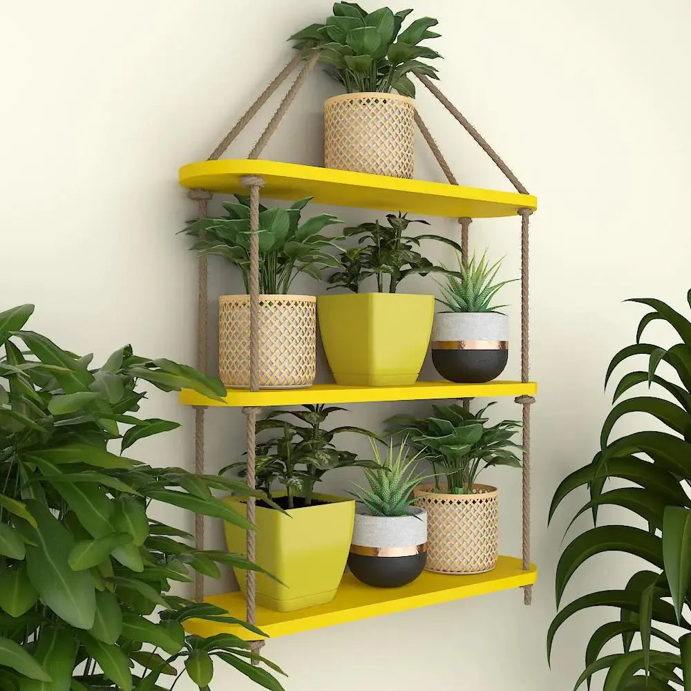 Wooden Wall Hanging Planter Shelf with Rope Three Layer (Yellow color) Main image
