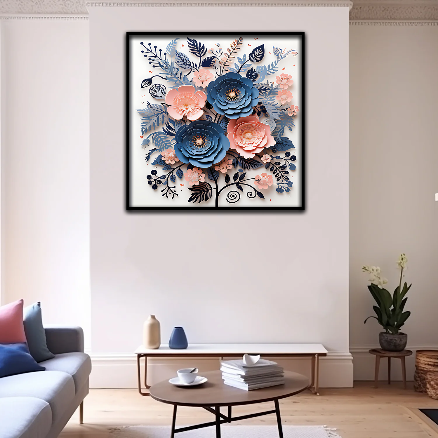 3D Floral Wall Art – Navy Blue and Blush Pink Paper Flower Bouquet in Black Frame Secondary image