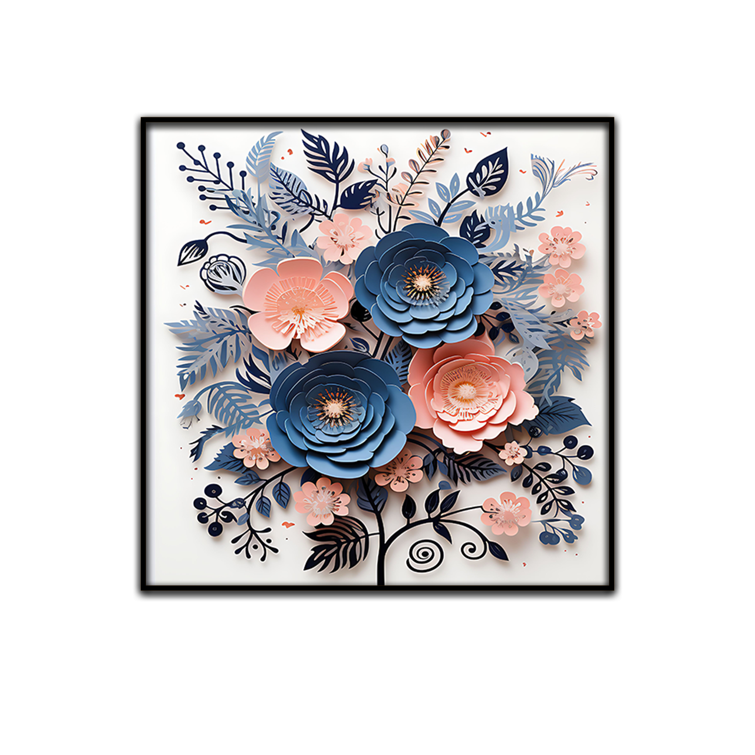 3D Floral Wall Art – Navy Blue and Blush Pink Paper Flower Bouquet in Black Frame