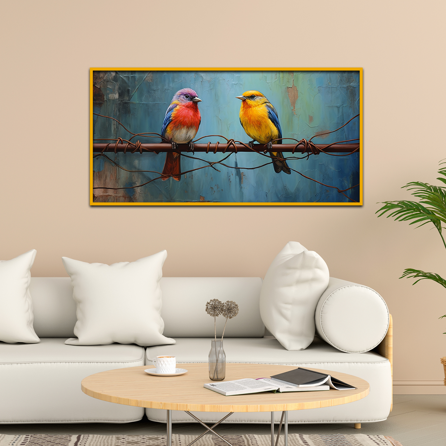Beautiful Fence Friends Two Birds Perched Canvas Wall Paintings Main image