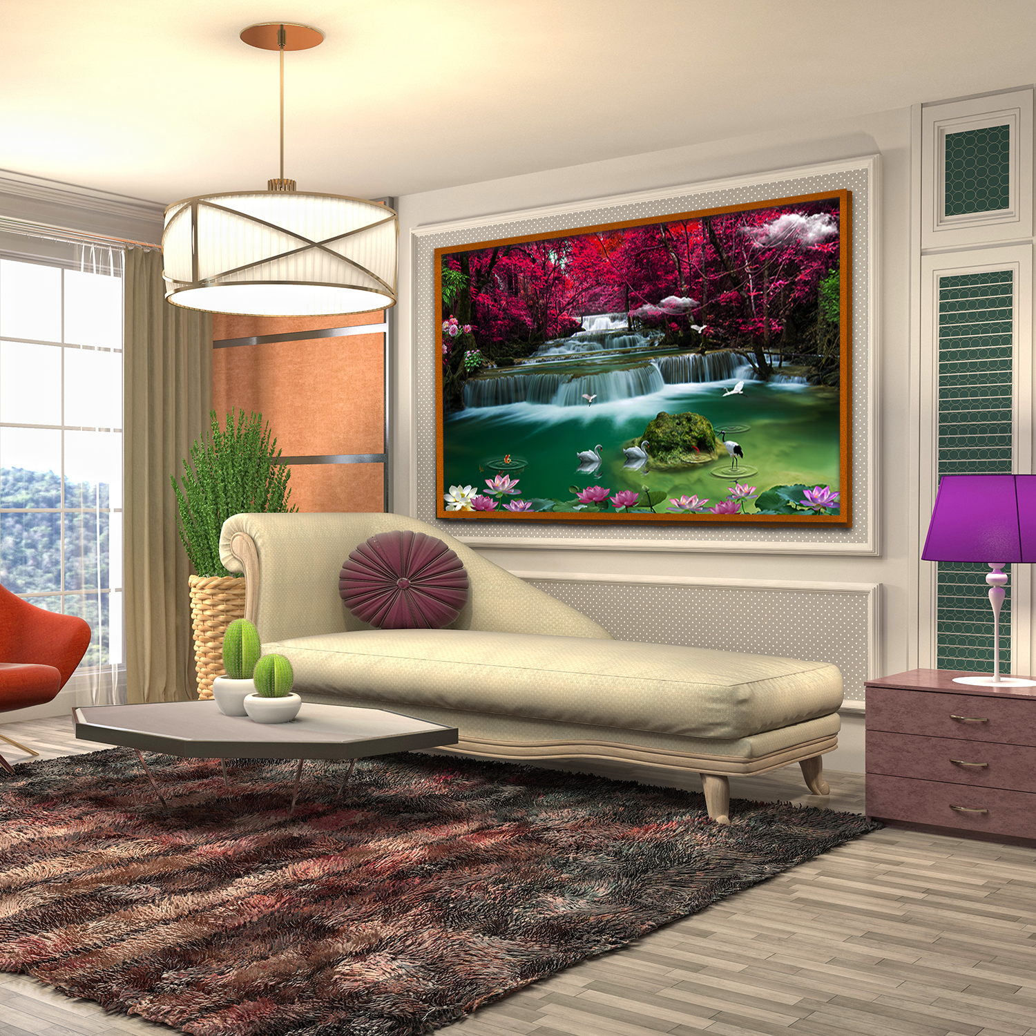 Beautiful Garden with Pink White Flowers Petals Waterfall with Access Lake Wall Paintings Secondary image