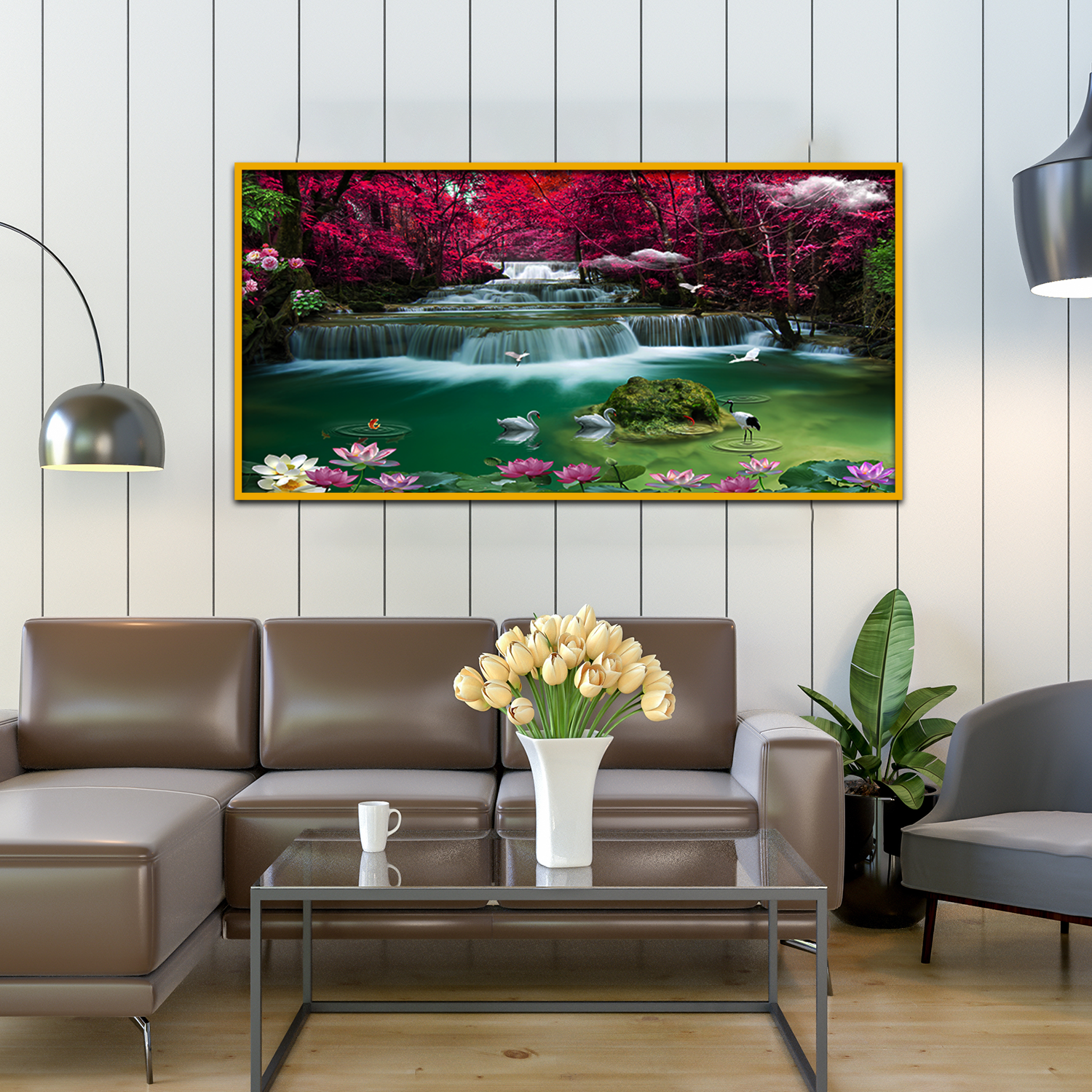 Beautiful Garden with Pink White Flowers Petals Waterfall with Access Lake Wall Paintings Main image