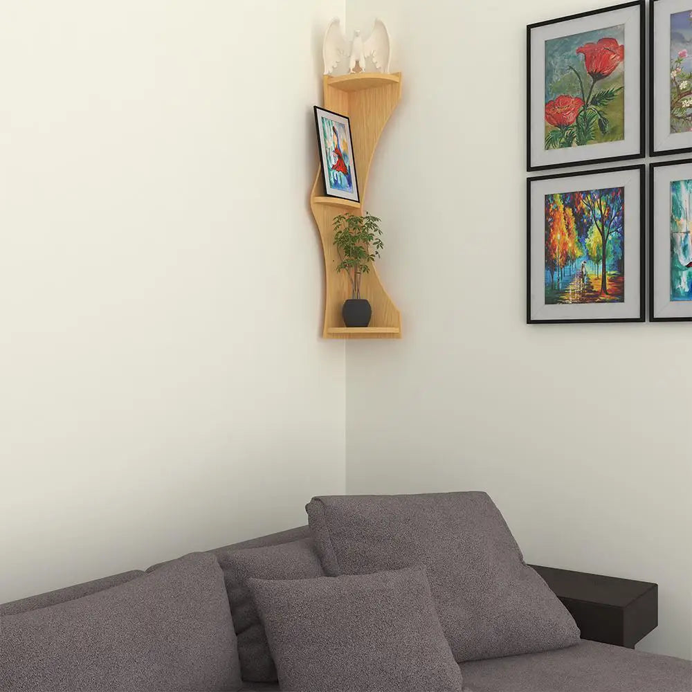 Zig Zag Shape Wood Corner Wall Shelf / Book Shelf,Oak Finish Main image