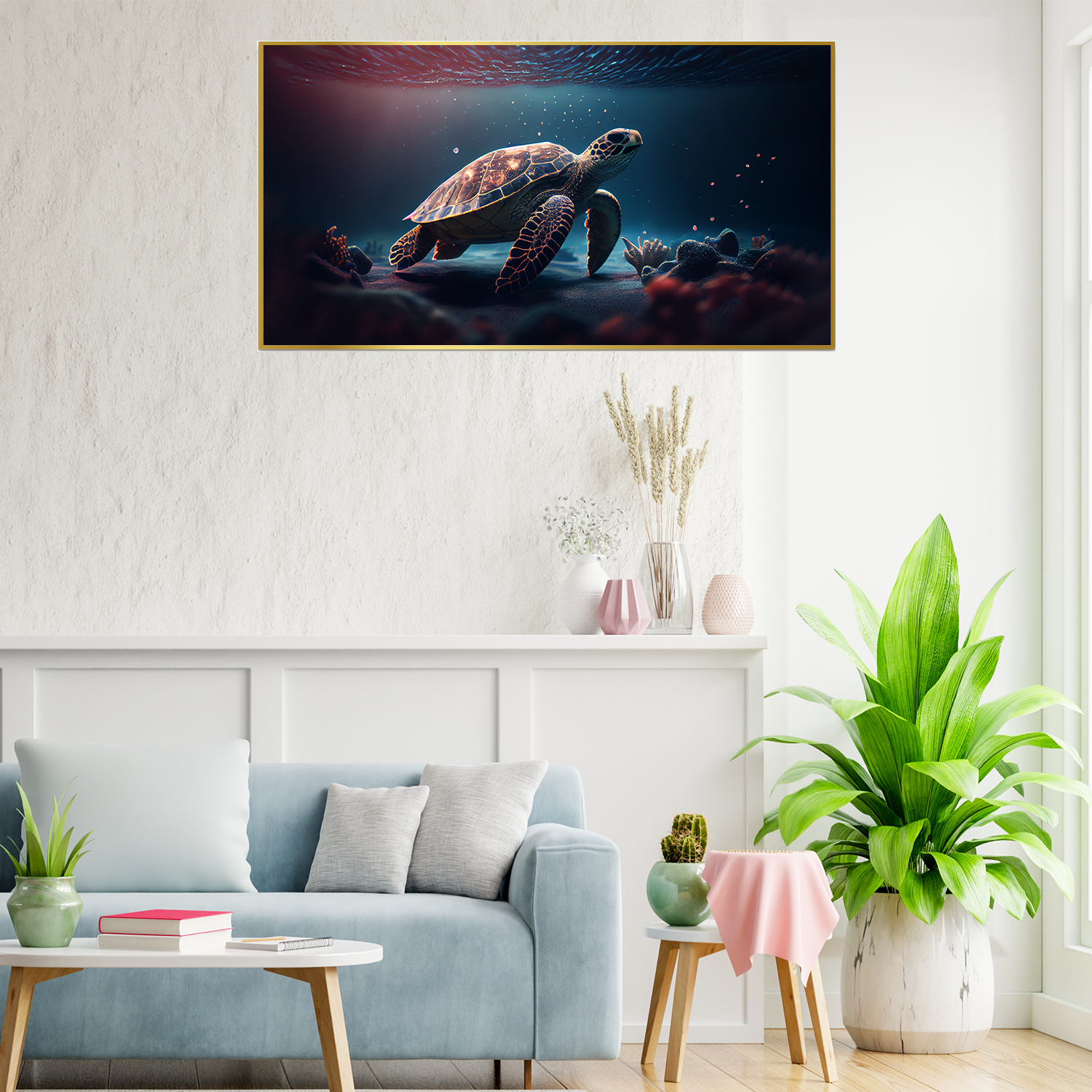Turtle Swimming Water With Sun Shining Canvas Wall Paintings Main image