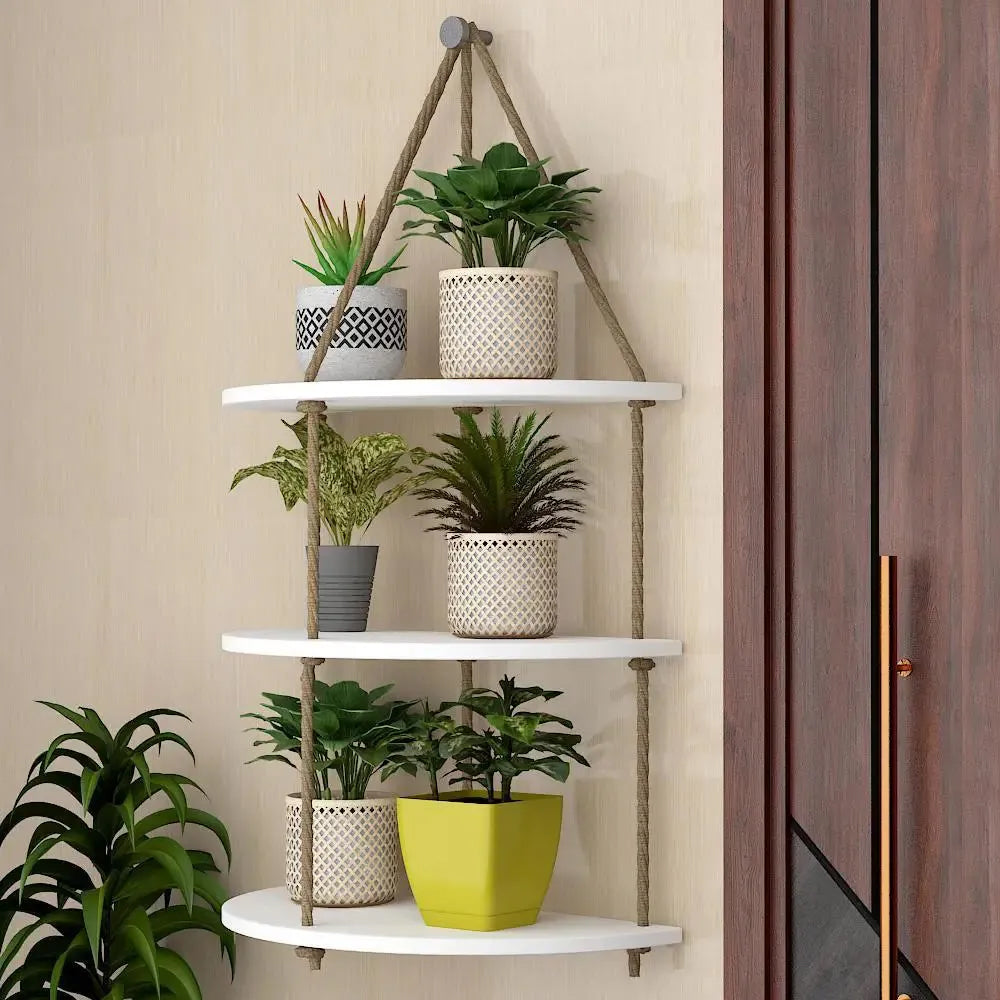 Wooden Wall Hanging Planter Shelf with Rope Three Layers(White) Secondary image