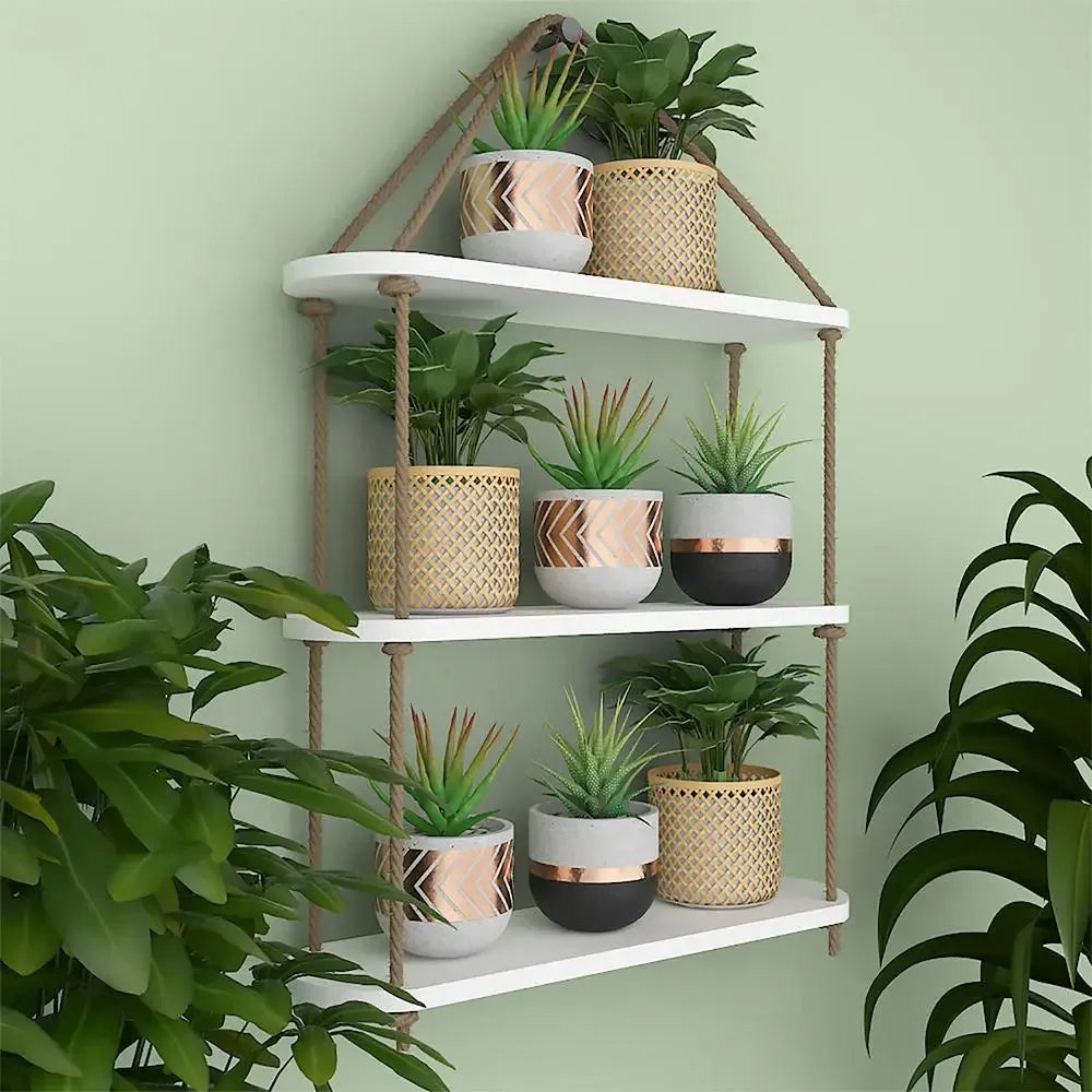 Wooden Wall Hanging Planter Shelf with Rope Three Layer (White Color) Secondary image