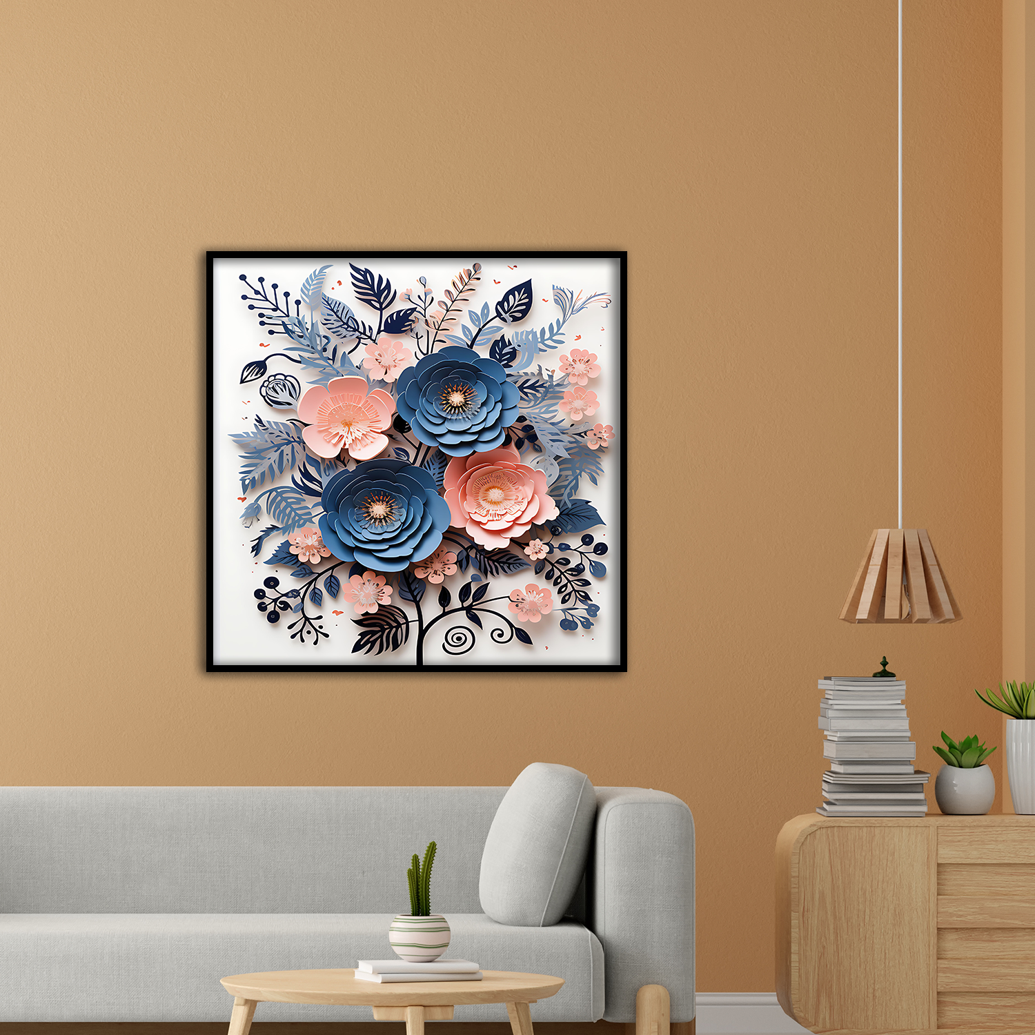 3D Floral Wall Art – Navy Blue and Blush Pink Paper Flower Bouquet in Black Frame Main image