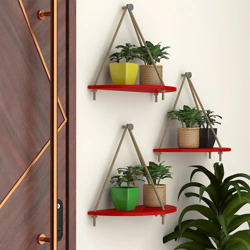 Wooden Wall Hanging Curved Shape Planter Shelf with Rope (Red) Secondary image