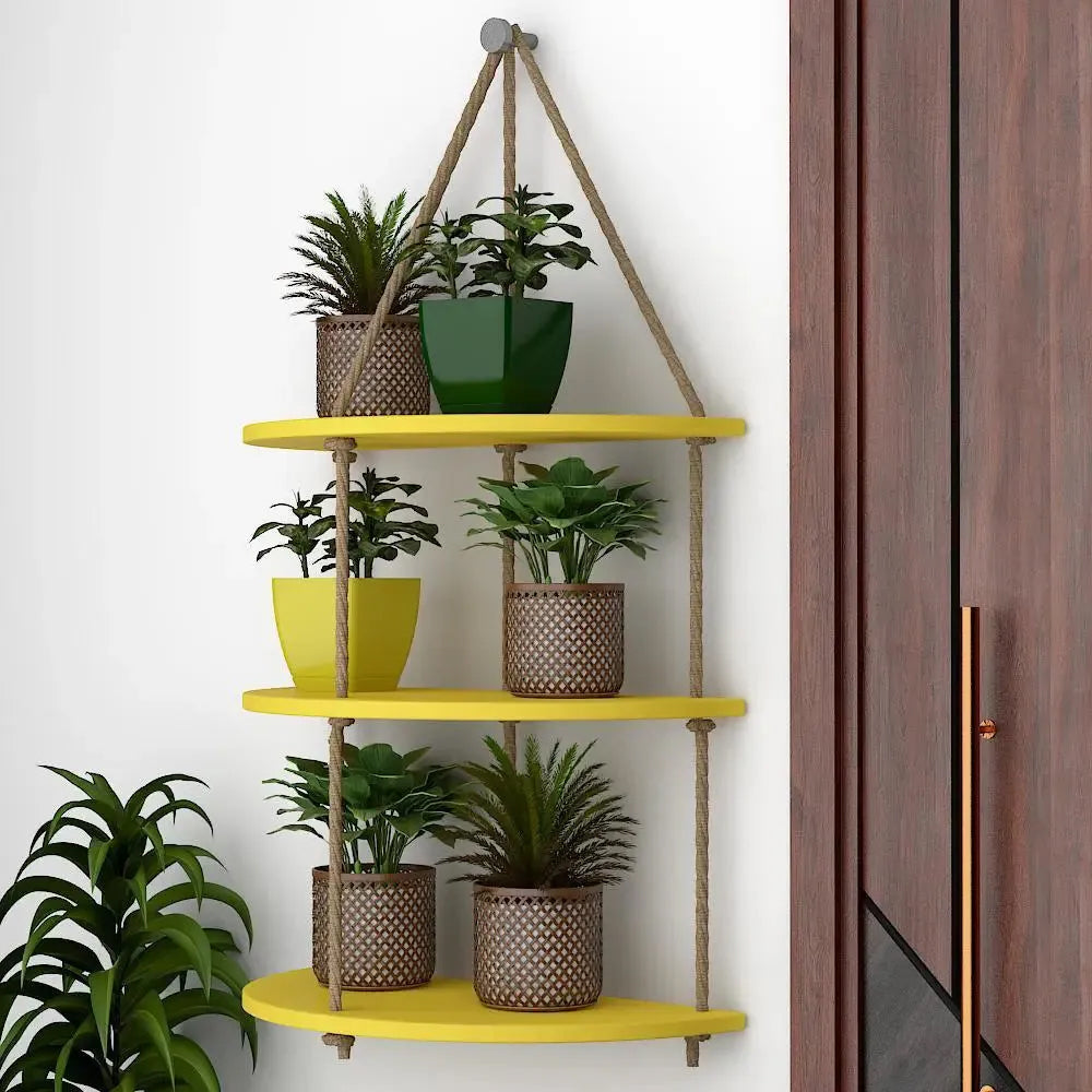 Wooden Wall Hanging Planter Shelf with Rope Three Layers(Yellow) Secondary image
