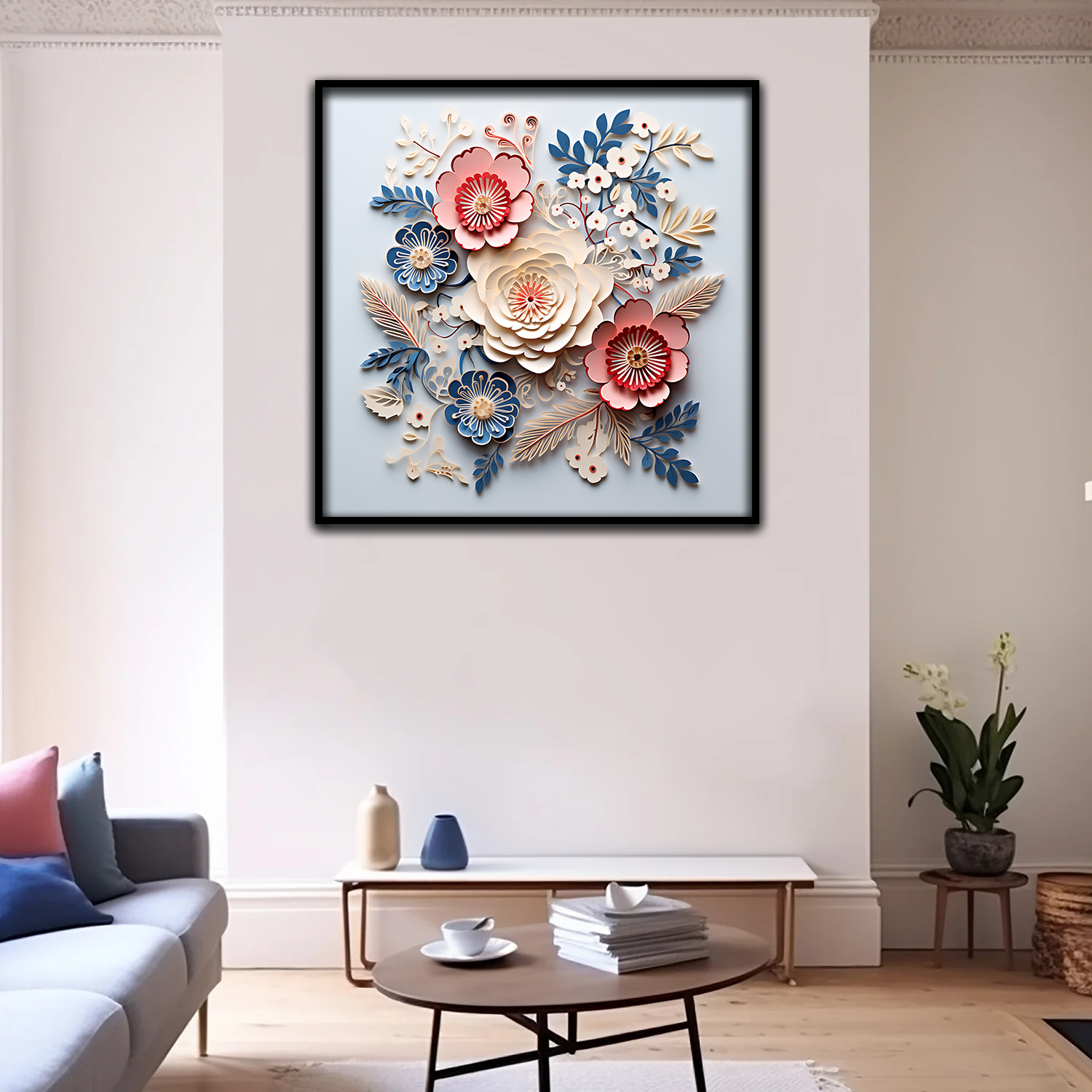 3D Floral Wall Art – Cream, Red, and Blue Paper Flower Arrangement in Black Frame