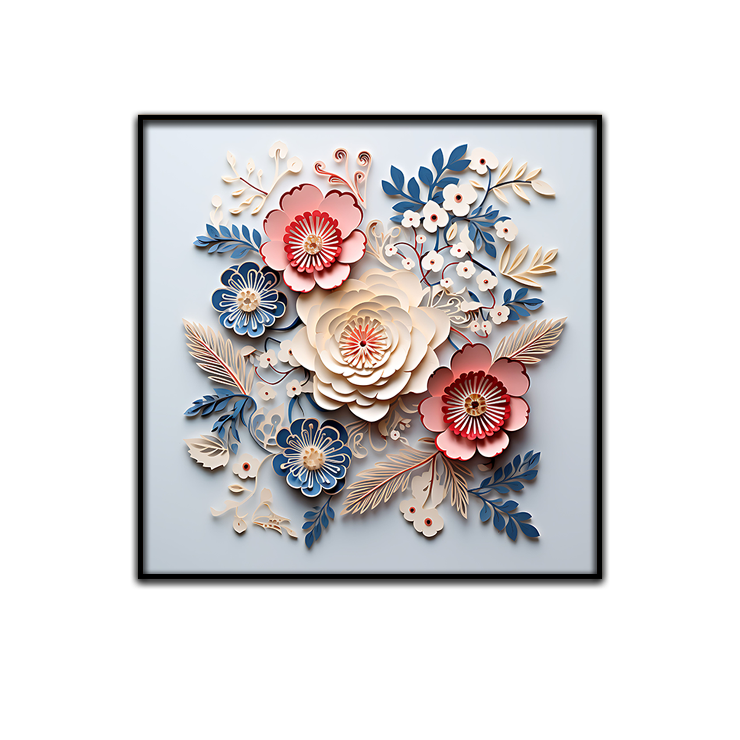 3D Floral Wall Art – Cream, Red, and Blue Paper Flower Arrangement in Black Frame