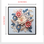 3D Floral Wall Art – Cream, Red, and Blue Paper Flower Arrangement in Black Frame