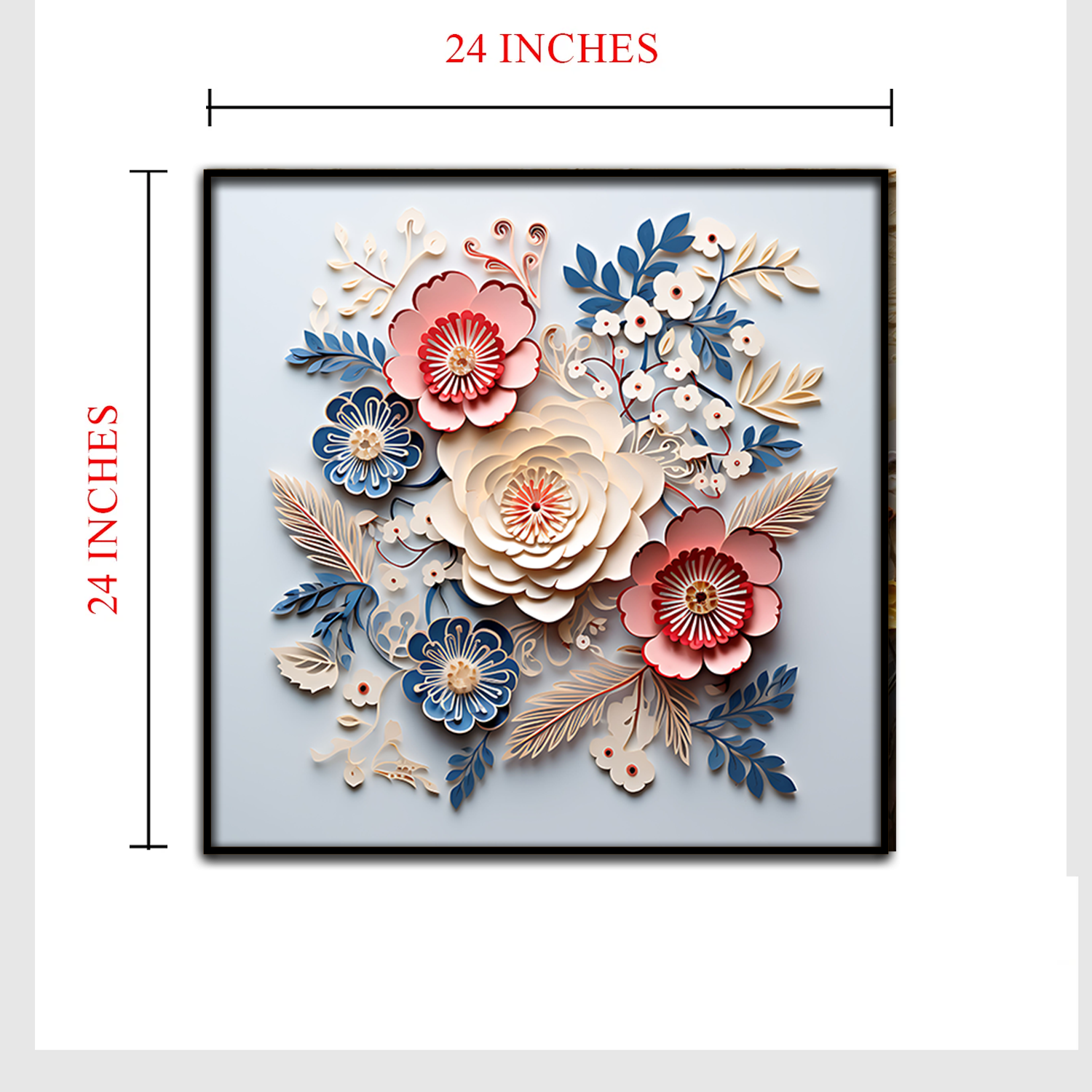 3D Floral Wall Art – Cream, Red, and Blue Paper Flower Arrangement in Black Frame