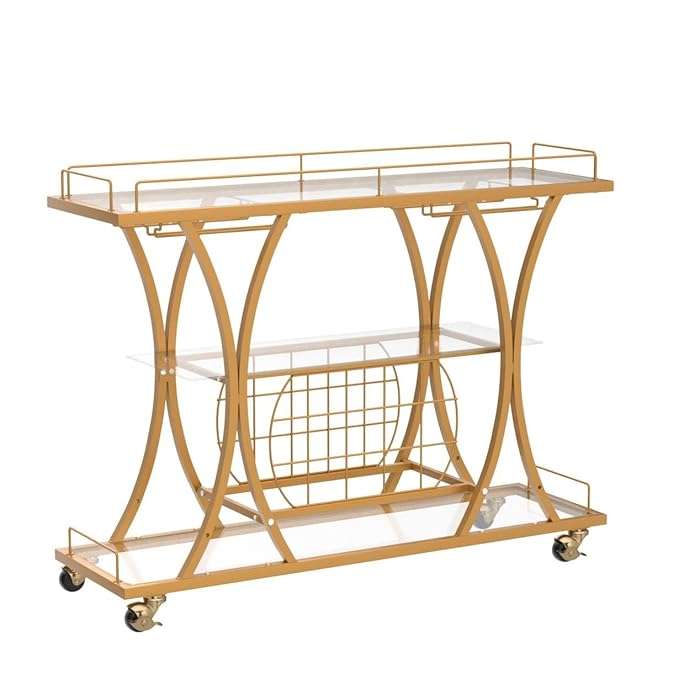3 Tier Gold Bar Trolley With Glass Shelves Wine Rack