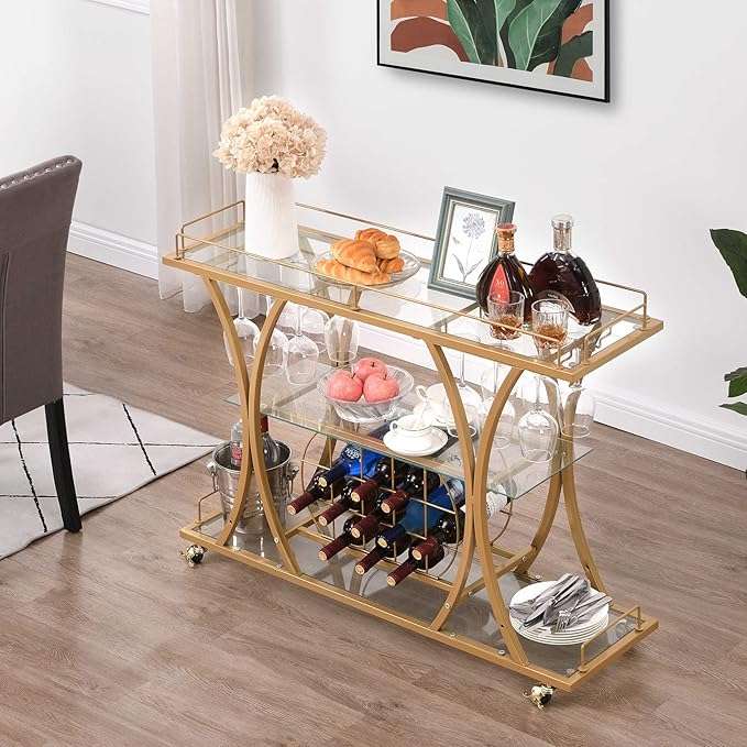 3 Tier Gold Bar Trolley With Glass Shelves Wine Rack