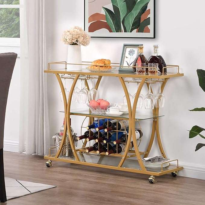 3 Tier Gold Bar Trolley With Glass Shelves Wine Rack