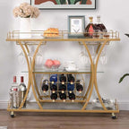3 Tier Gold Bar Trolley With Glass Shelves Wine Rack