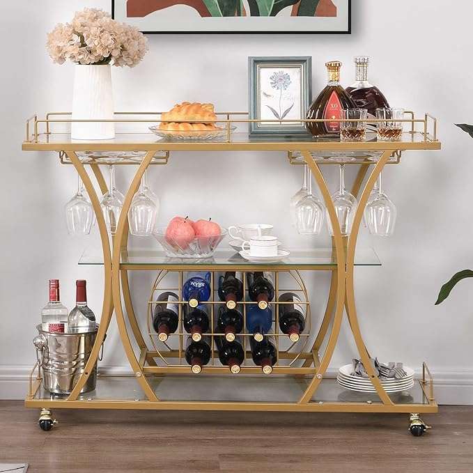 3 Tier Gold Bar Trolley With Glass Shelves Wine Rack