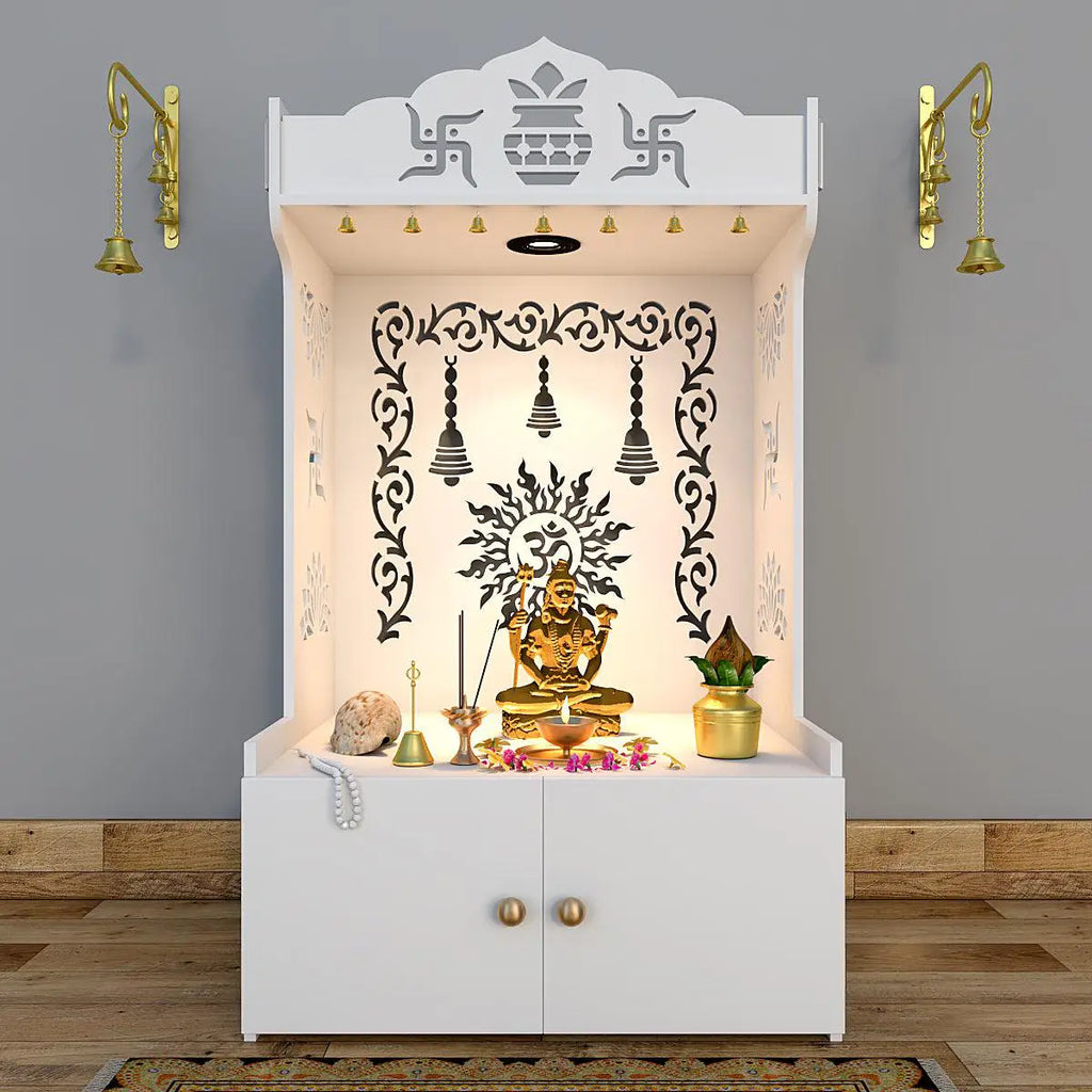 Aesthetic White Wooden Temple for Home with Spacious Shelf & Inbuilt Focus Light Main image