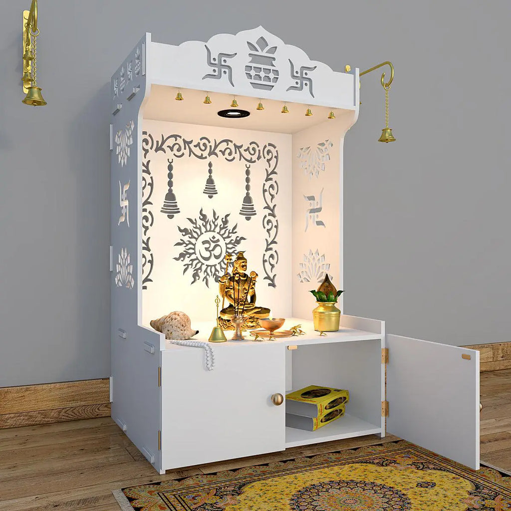 Aesthetic White Wooden Temple for Home with Spacious Shelf & Inbuilt Focus Light Secondary image