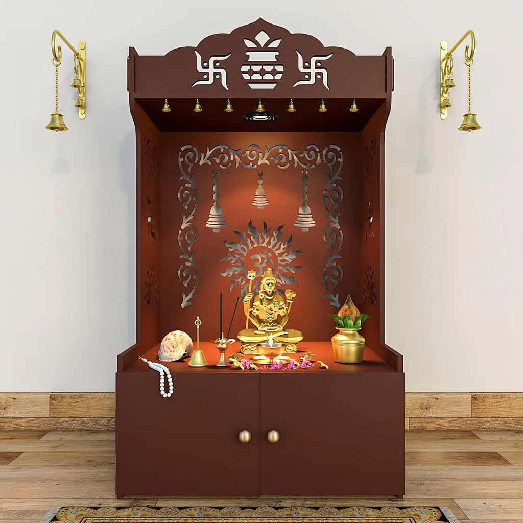 Aesthetic Brown Wooden Temple for Home with Spacious Shelf & Inbuilt Focus Light Main image