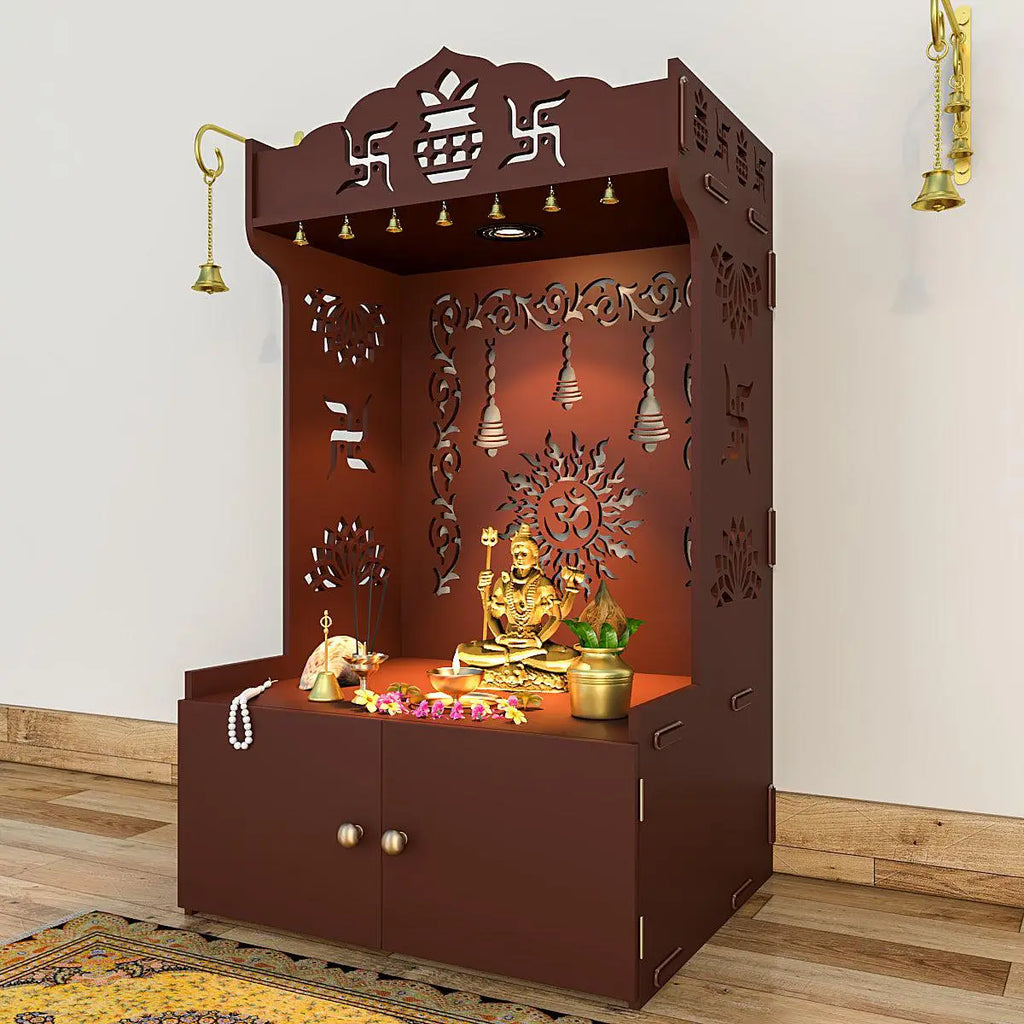 Aesthetic Brown Wooden Temple for Home with Spacious Shelf & Inbuilt Focus Light Secondary image