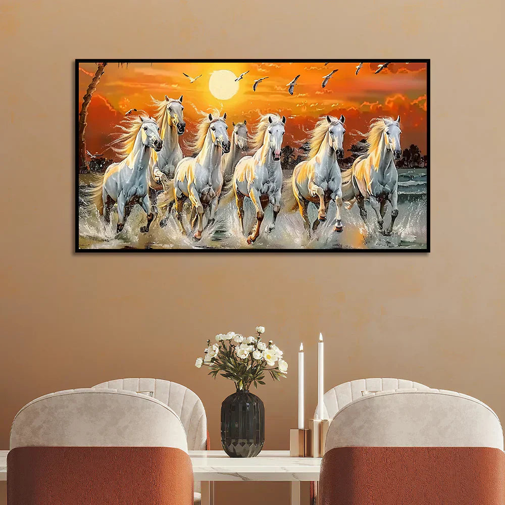 7 Running Horses at Sunrise Vastu Canvas Wall Painting with Floating Frame Clearance Sale