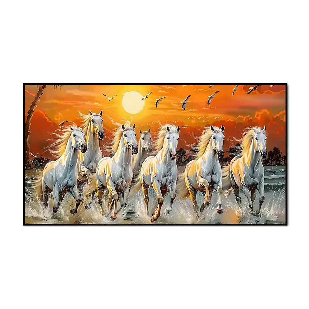 7 Running Horses at Sunrise Vastu Canvas Wall Painting with Floating Frame Clearance Sale