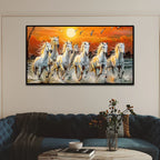 7 Running Horses at Sunrise Vastu Canvas Wall Painting with Floating Frame Clearance Sale