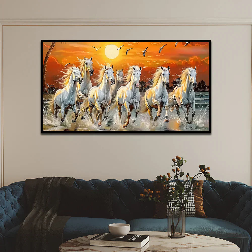 7 Running Horses at Sunrise Vastu Canvas Wall Painting with Floating Frame Clearance Sale