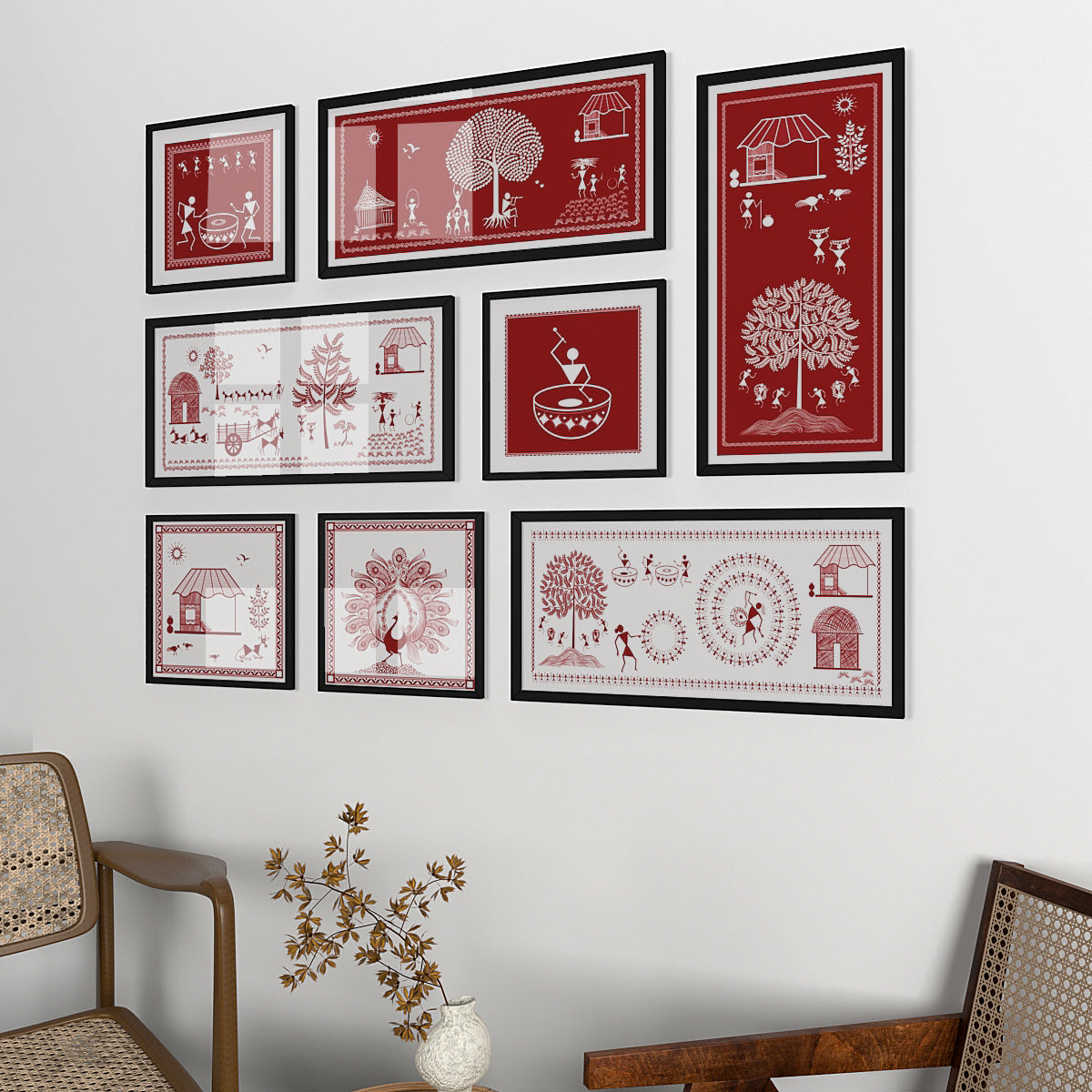 Warli Red Art Frame Set Of 8 Main image