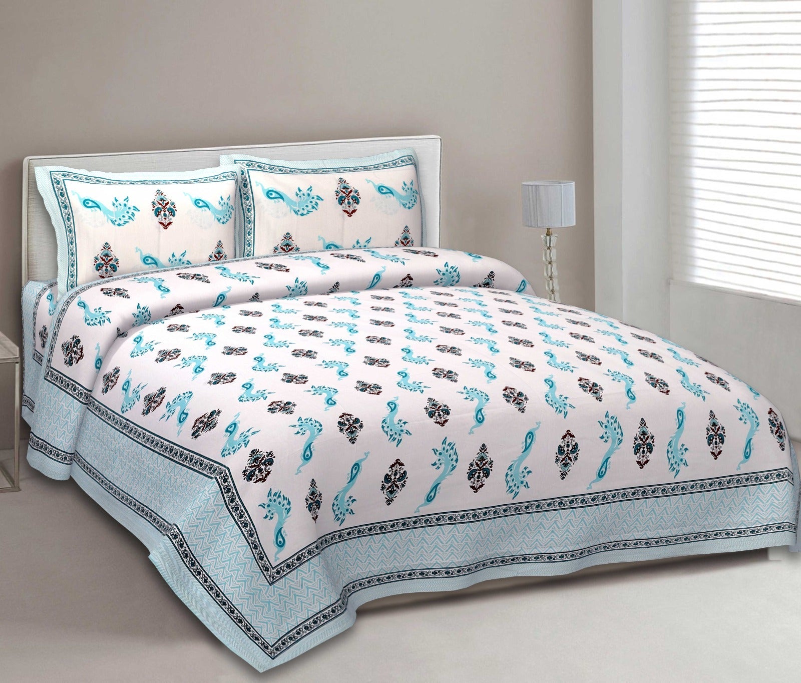 Aqua Peacock & Paisley Cotton Double Bedsheet Main image
