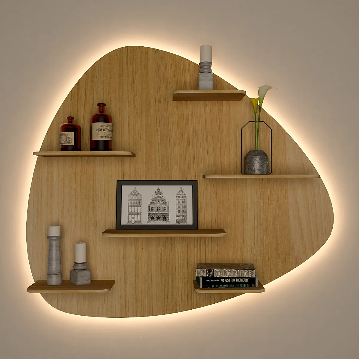 Abstract Shape Backlit Wood Wall Shelf / Book Shelf / Night Light, Light Oak Finish Main image