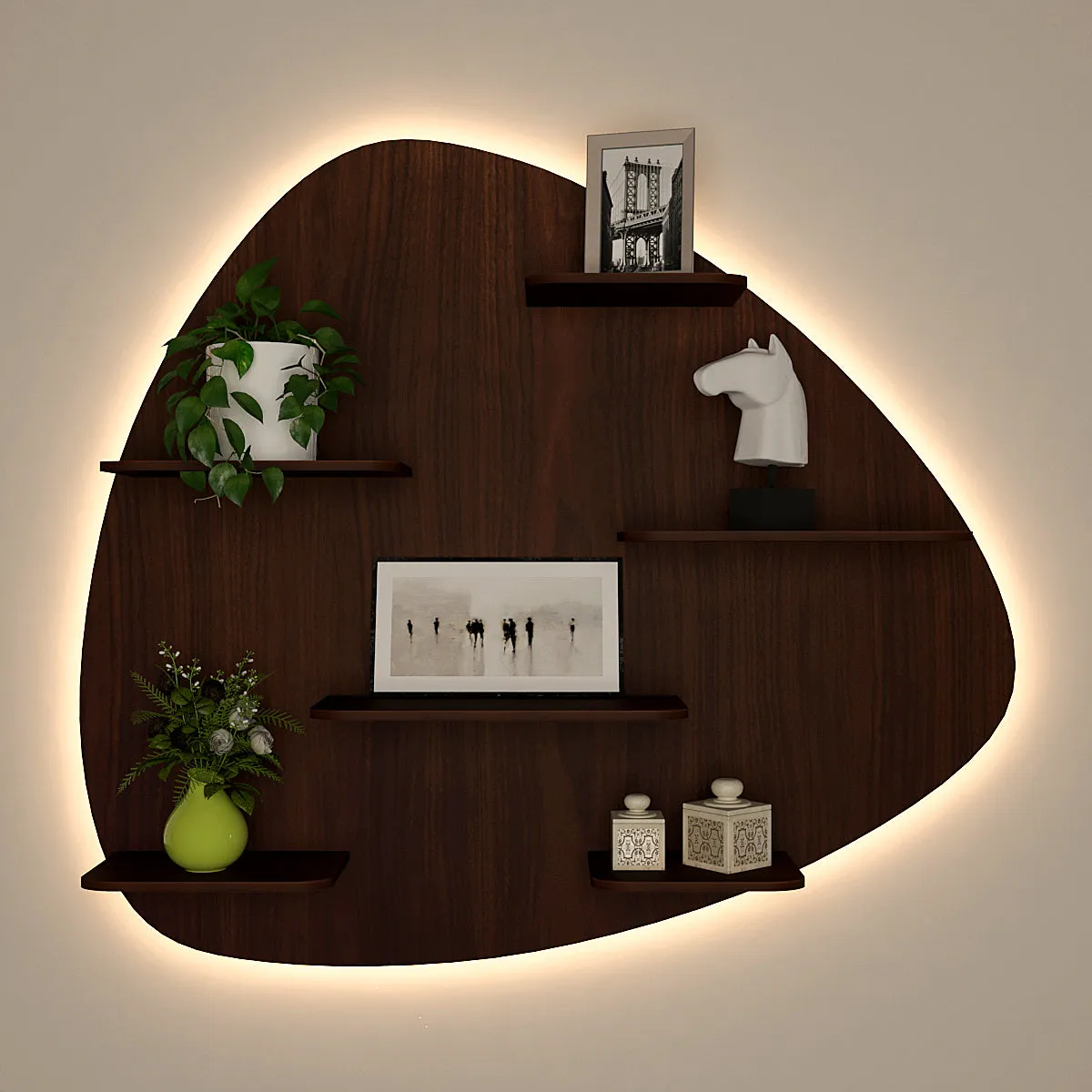 Abstract Shape Backlit Wood Wall Shelf / Book Shelf / Night Light, Walnut Finish Main image