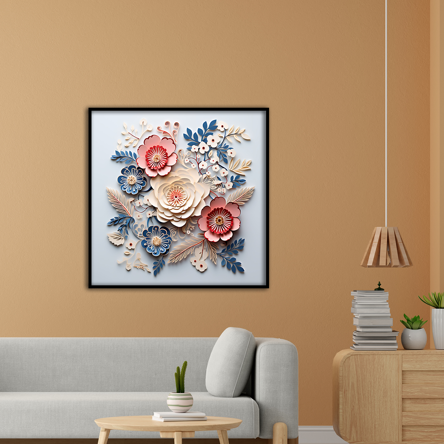 3D Floral Wall Art – Cream, Red, and Blue Paper Flower Arrangement in Black Frame Main image