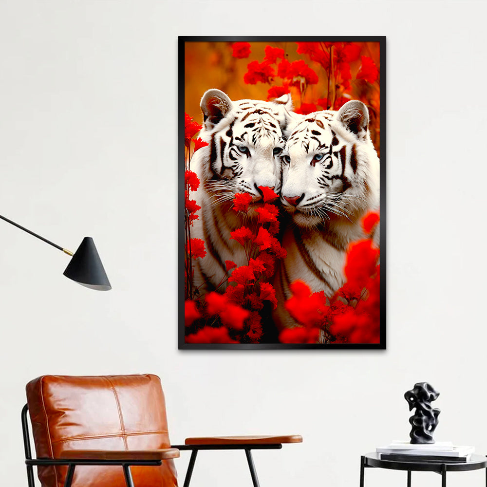 Wild White Tigers with Flower Canvas Printed Wall Paintings & Arts Main image