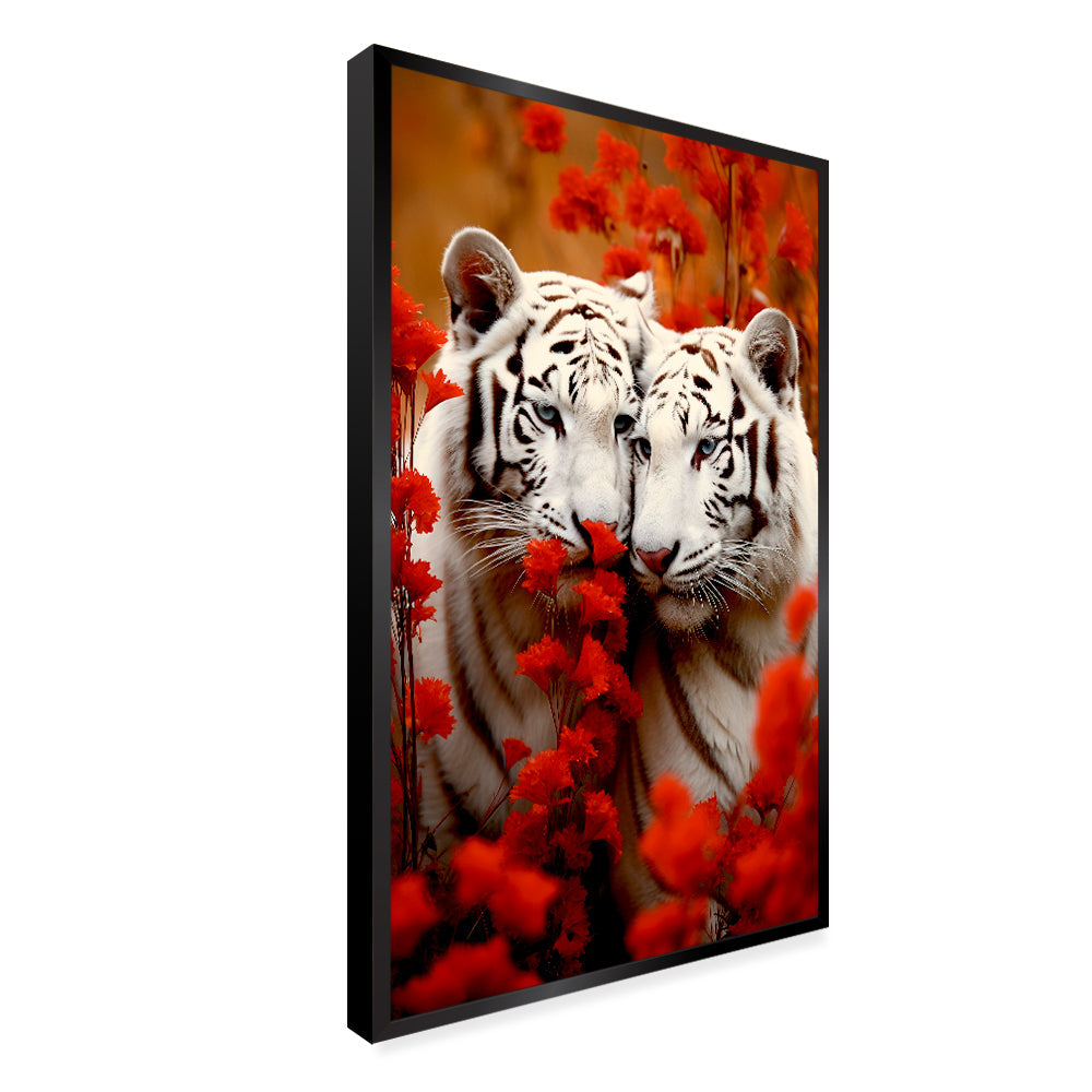 Wild White Tigers with Flower Canvas Printed Wall Paintings & Arts Secondary image