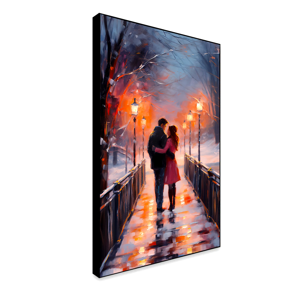 Beautiful A Couple Walking on A Bridge in The Snow Loving Wall Paintings & Arts Secondary image