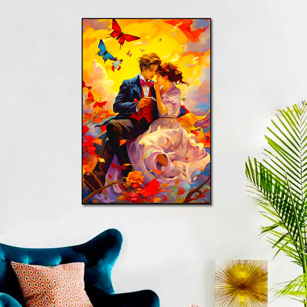 Young Couple Romantic Artwork Butterflies with Beautiful Sky Colorful Artwork Valentines Day Love Canvas Wall Paintings & Arts Gallery Main image