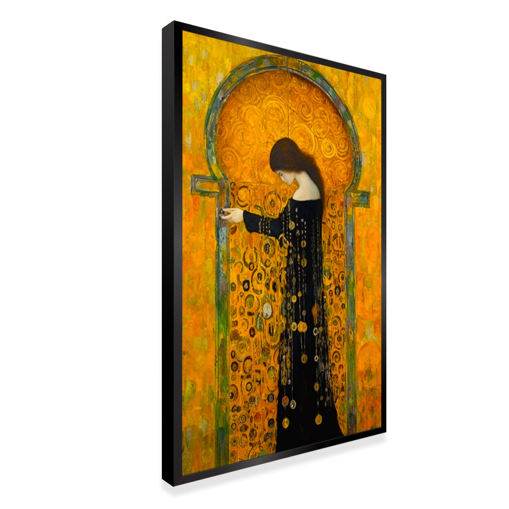 Beautiful Islamic Woman In A Black Dress Standing In Front Of Mosque Wall Paintings & Art Secondary image