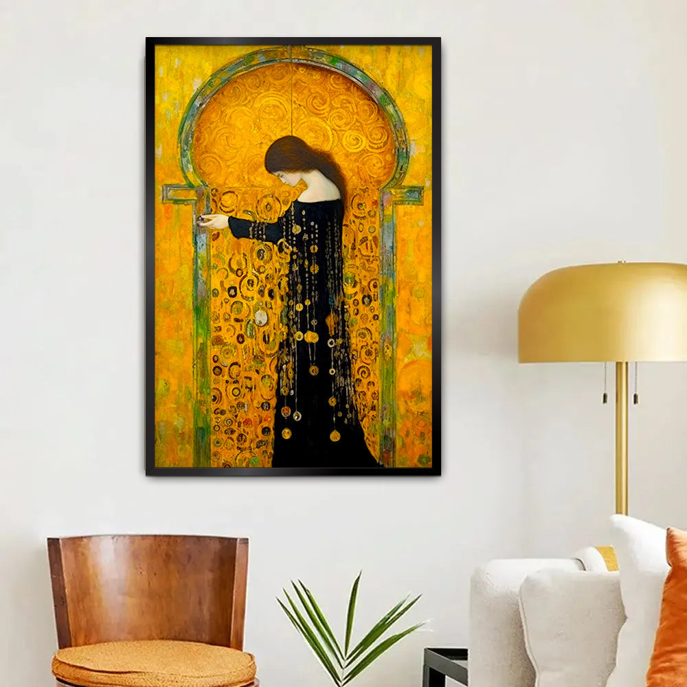 Beautiful Islamic Woman In A Black Dress Standing In Front Of Mosque Wall Paintings & Art Main image