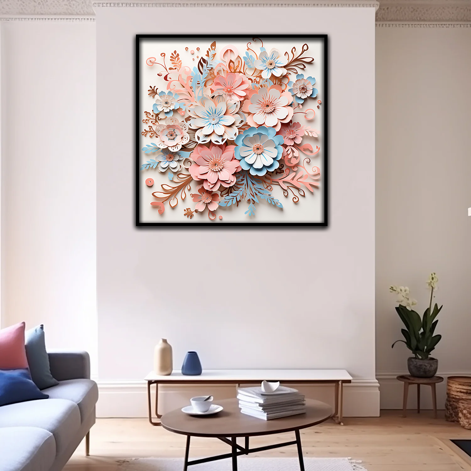 3D Floral Wall Art – Soft Pastel Paper Flower Bloom in Blush, Blue, and Cream Tones with Black Frame