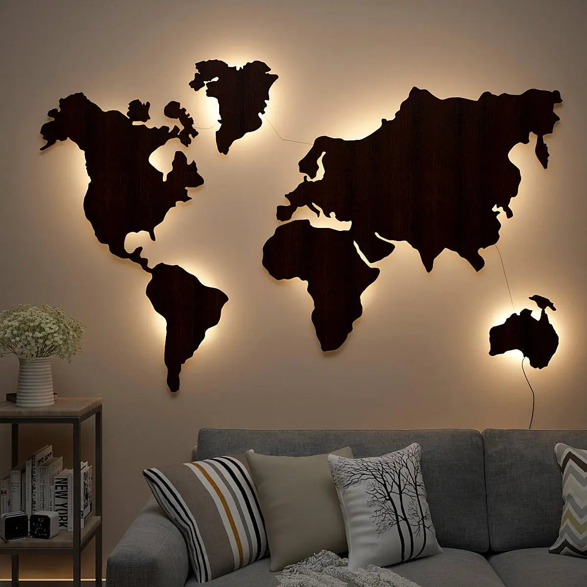World Map Backlit Wood Wall Décor / Night Light, Walnut Finish Main image