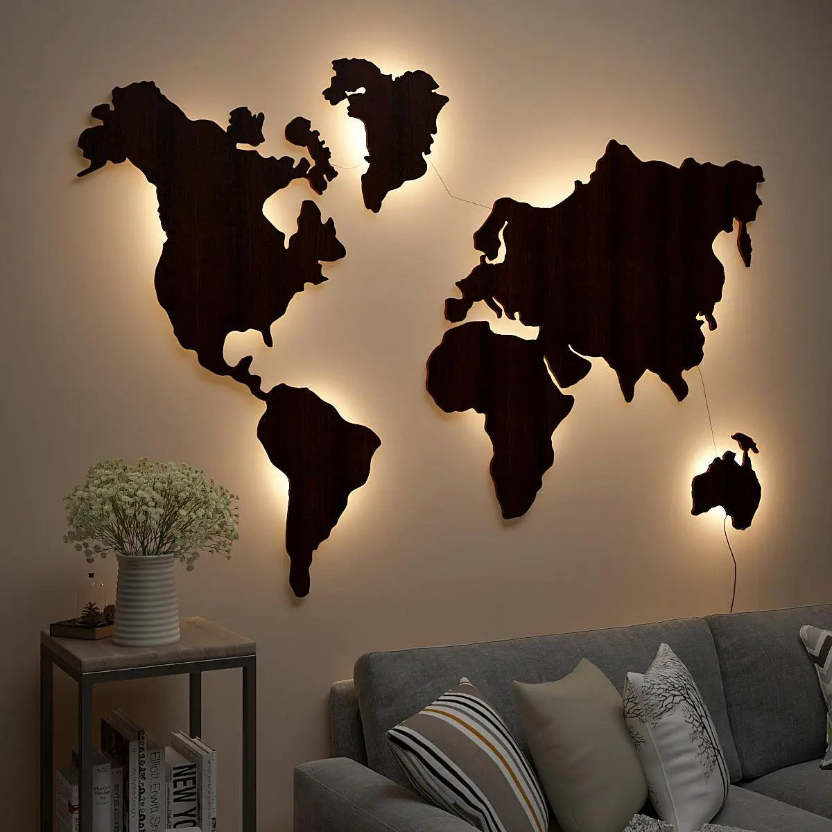World Map Backlit Wood Wall Décor / Night Light, Walnut Finish Secondary image