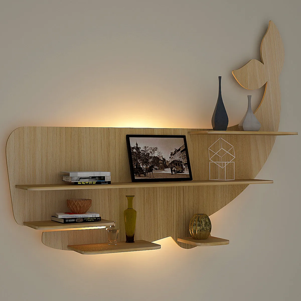 Whale Backlit Wood Wall Shelf / Book Shelf / Night Light, Light Oak Finish Main image