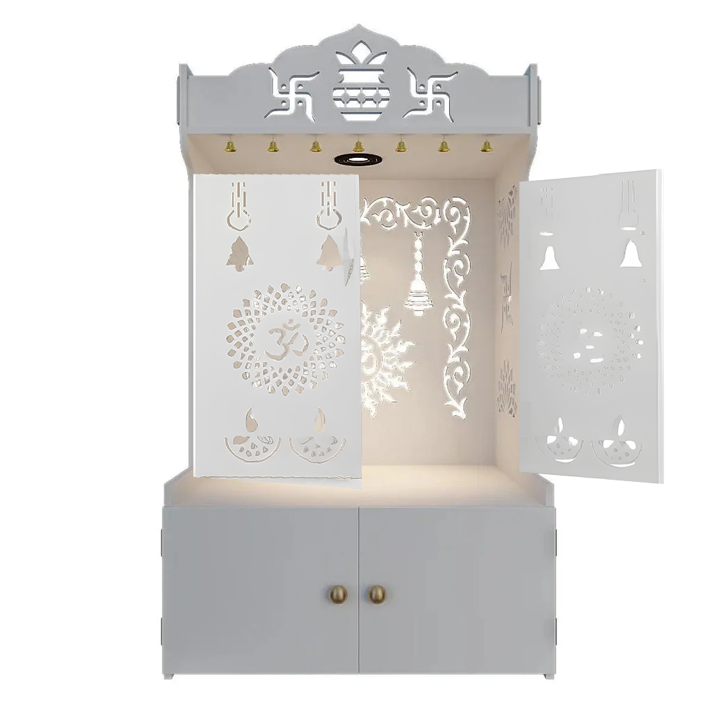 Aesthetic White Wooden Temple With Door for Home with Spacious Shelf & Inbuilt Focus Light
