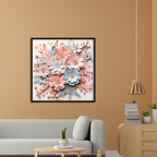 3D Floral Wall Art – Soft Pastel Paper Flower Bloom in Blush, Blue, and Cream Tones with Black Frame