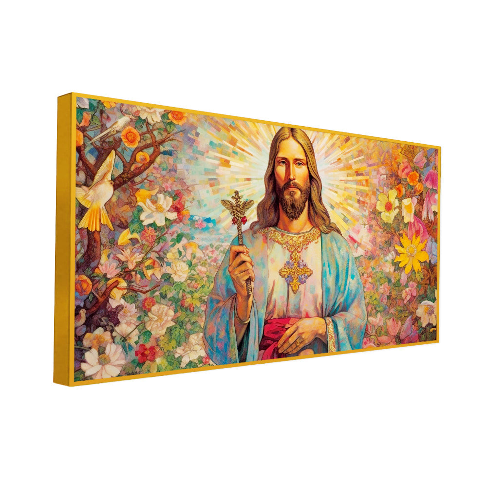 Vibrant Jesus Christ Cross Surrounded Wild Flowers Canvas Wall Paintings & Arts Secondary image